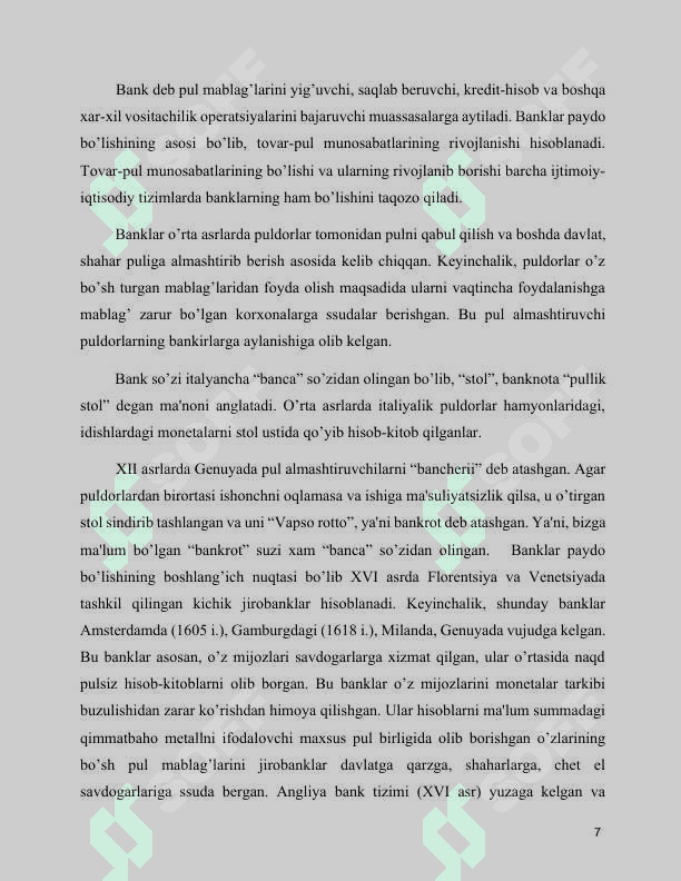 MAVZU:BANKLAR ULARNING TURLARI VA KREDIT TIZIMIDAGI ROLI 7