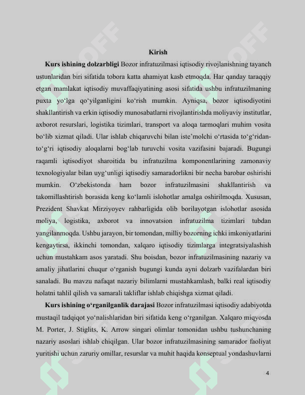MAVZU:BOZOR INFRATUZILMASI UNING ASOSIY SOHALARI VA UNSURLARI kurs ishi 4
