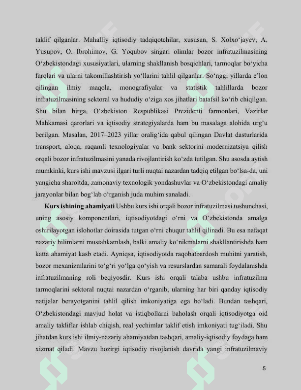 MAVZU:BOZOR INFRATUZILMASI UNING ASOSIY SOHALARI VA UNSURLARI kurs ishi 5