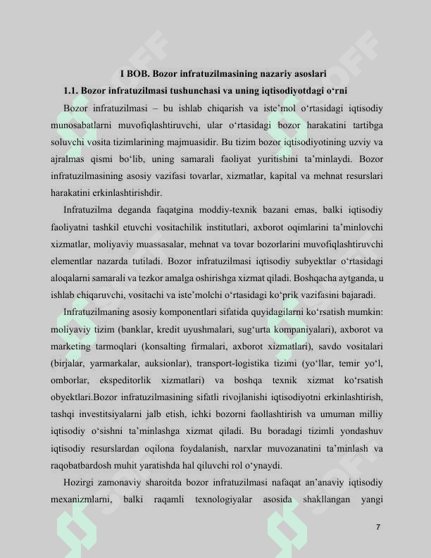 MAVZU:BOZOR INFRATUZILMASI UNING ASOSIY SOHALARI VA UNSURLARI kurs ishi 7