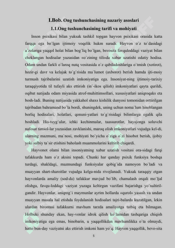 ONGNING TARIFI VA HAQIDAGI PSIXOLOGIK TASAVVURLAR kurs ishi 5