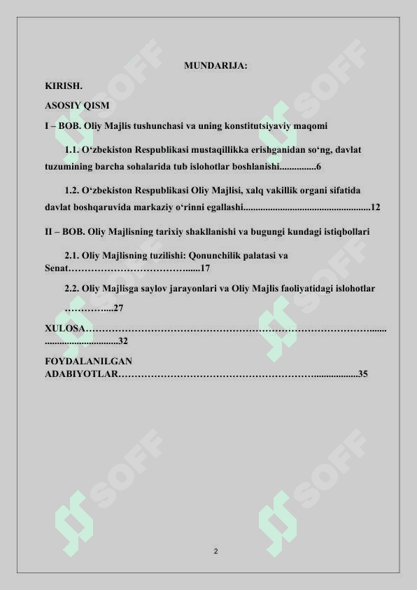 Oʻzbekiston Respublikasi  Oliy Majlisining shakillantirilishi kurs ishi 2