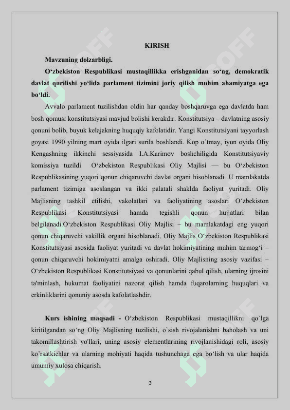 Oʻzbekiston Respublikasi  Oliy Majlisining shakillantirilishi kurs ishi 3