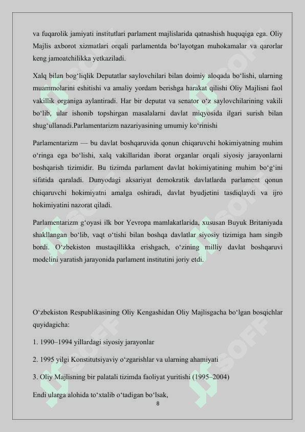 Oʻzbekiston Respublikasi  Oliy Majlisining shakillantirilishi kurs ishi 8