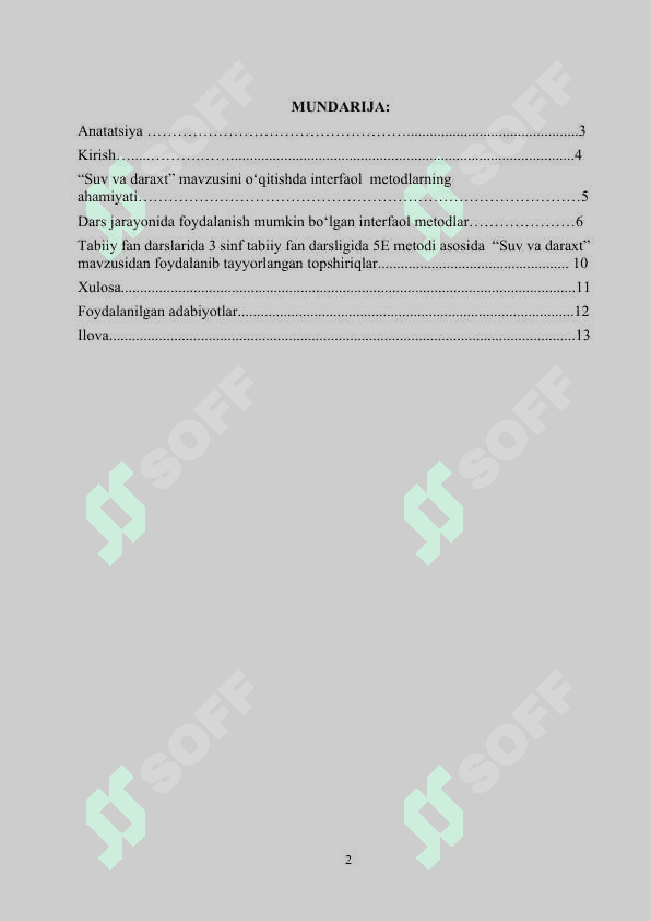 “Suv va daraxt”  mavzusida MIKRODARS (dars ishlanmasi) 2