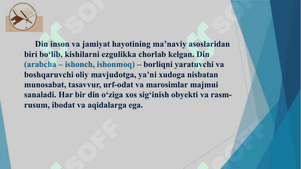 DIN, DINSHUNOSLIK, DIN FALSAFASI, TEOLOGIYUA, TEOSOFIYA, XUDOJO’YLIK, DINIY E’TIQOD, AQIDA, ILOHIYOT TUSHUNCHALARINING MOHIYATI 2