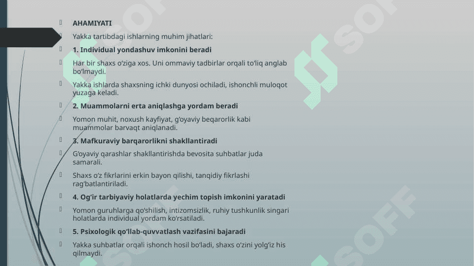 Tarbiyaviy va mafkuraviy ishlarni olib borishda yakka tartibdagi tarbiyaviy ishlarning ahamiyati va mazmuni 4