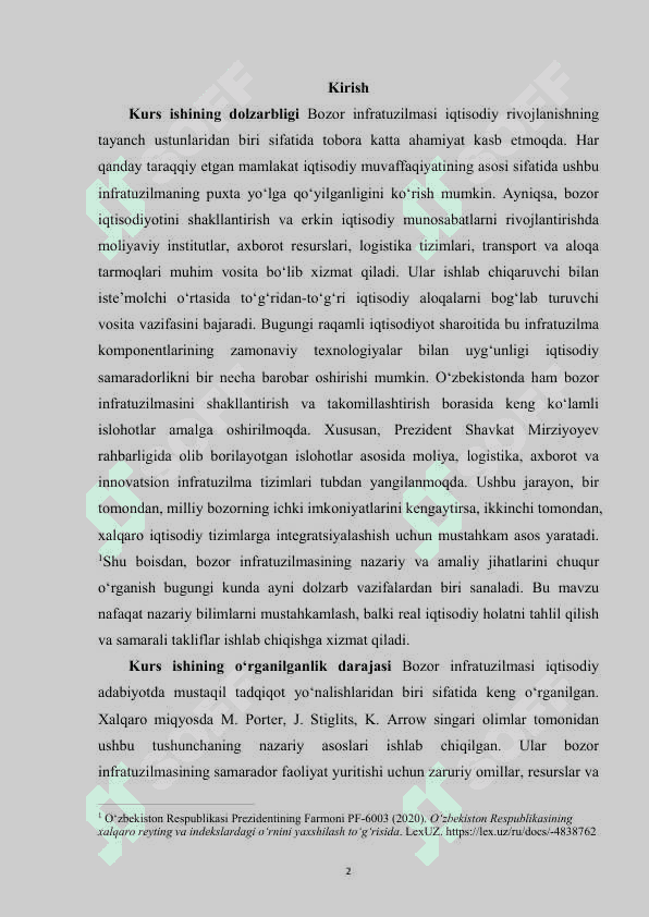 MAVZU:Bozor infratuzilmasi uning asosiy sohalari va unsurlari kurs ishi 2