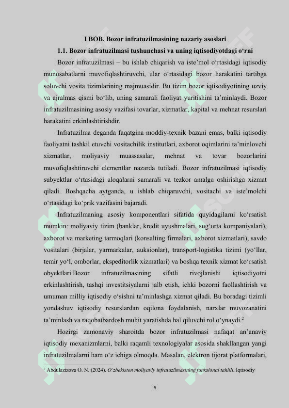 MAVZU:Bozor infratuzilmasi uning asosiy sohalari va unsurlari kurs ishi 5