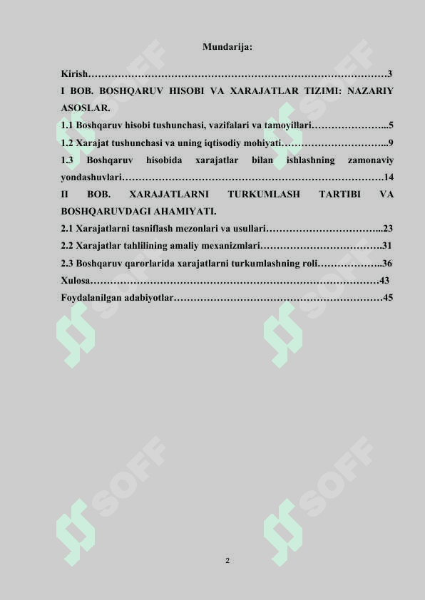 Boshqaruv hisobining maqsadidan kelib chiqqan holda xarajatlarni turkumlash tartibi. 2