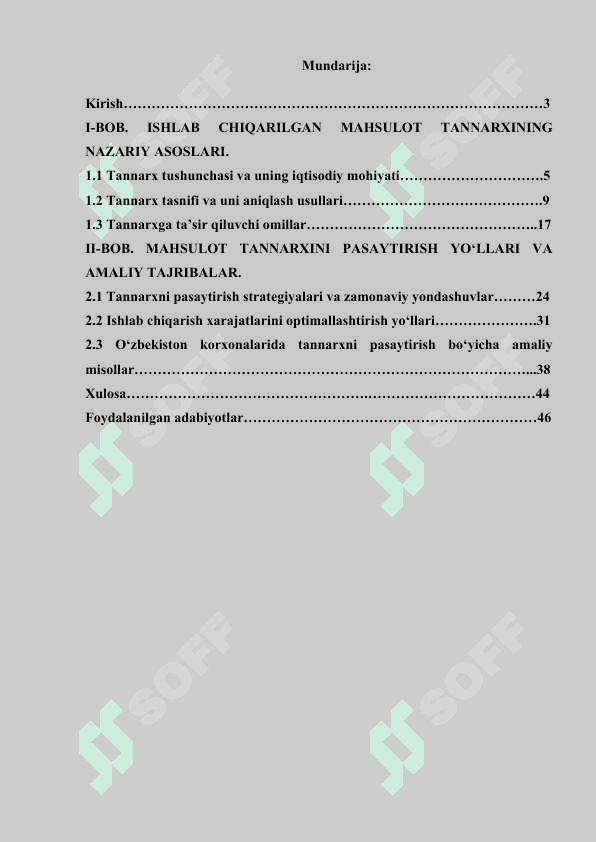 Ishlab chiqarilgan mahsulot tannarxini pasaytirirshning asosiy kontseptsiyasi. 2