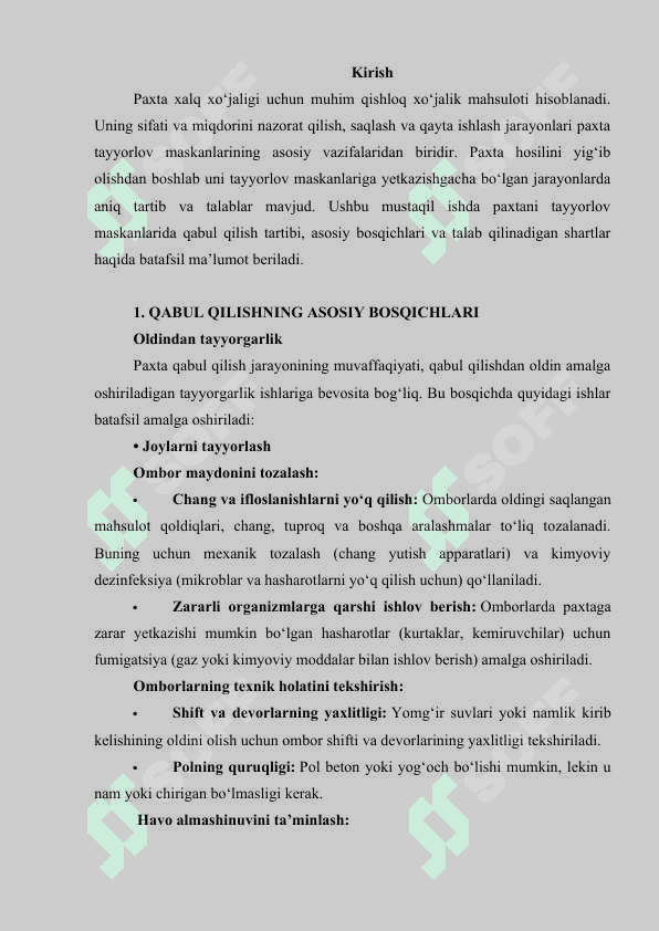 Tayyorlov maskanlarida paxtani qabul qilish tartibi. 2