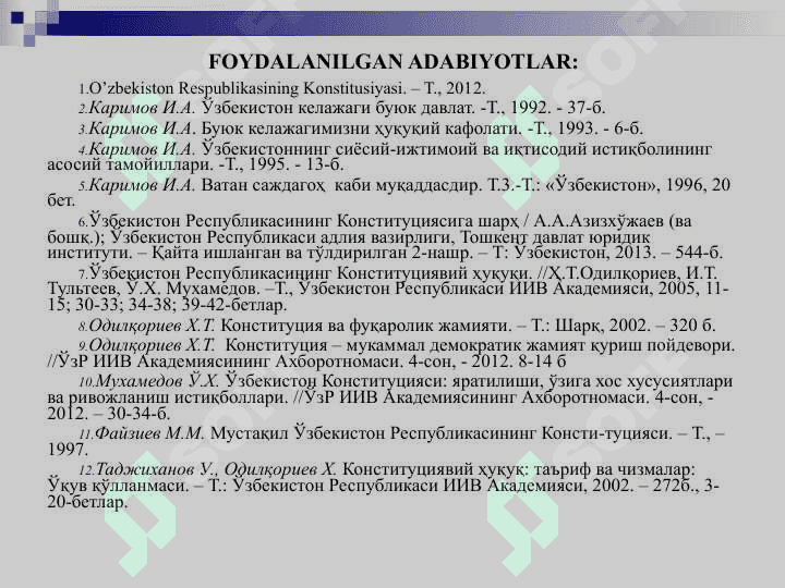 KONSTITUSIYAVIY HUQUQ FANINING TUSHUNCHASI, PREDMETI, TIZIMI VA MANBALARI 2