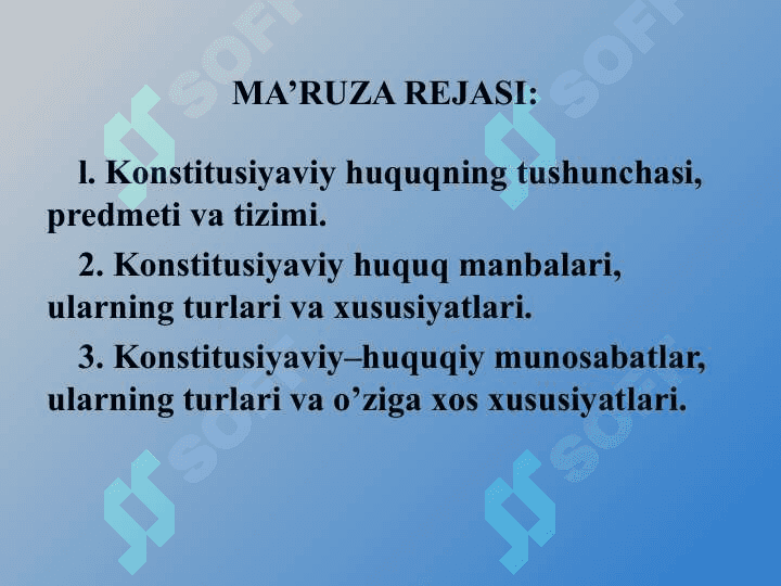 KONSTITUSIYAVIY HUQUQ FANINING TUSHUNCHASI, PREDMETI, TIZIMI VA MANBALARI 3