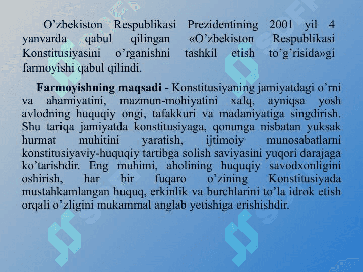 KONSTITUSIYAVIY HUQUQ FANINING TUSHUNCHASI, PREDMETI, TIZIMI VA MANBALARI 5