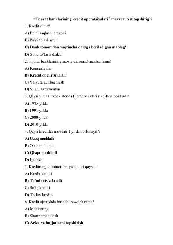 “Tijorat banklarining kredit operatsiyalari” mavzusi test topshirig’i