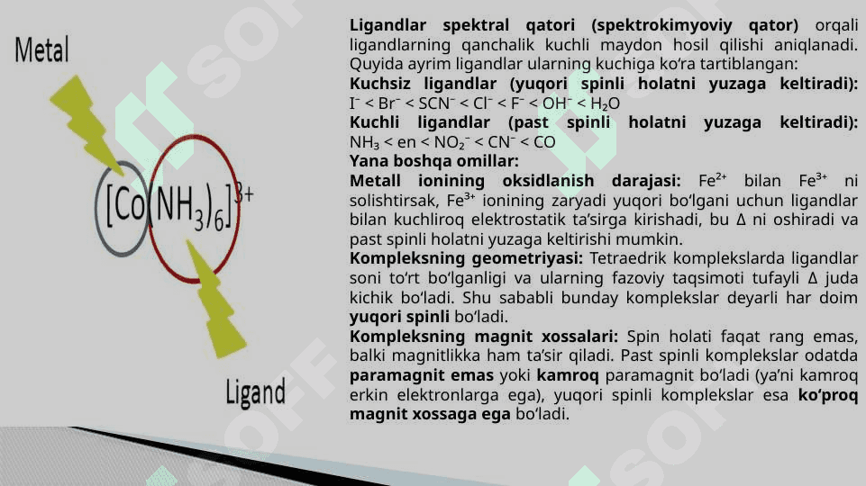 Kompleks birikmalarning rangi. Past spinli va yuqori spinli komplekslar.Misollar asosida tushuntiring. t.pptx 6
