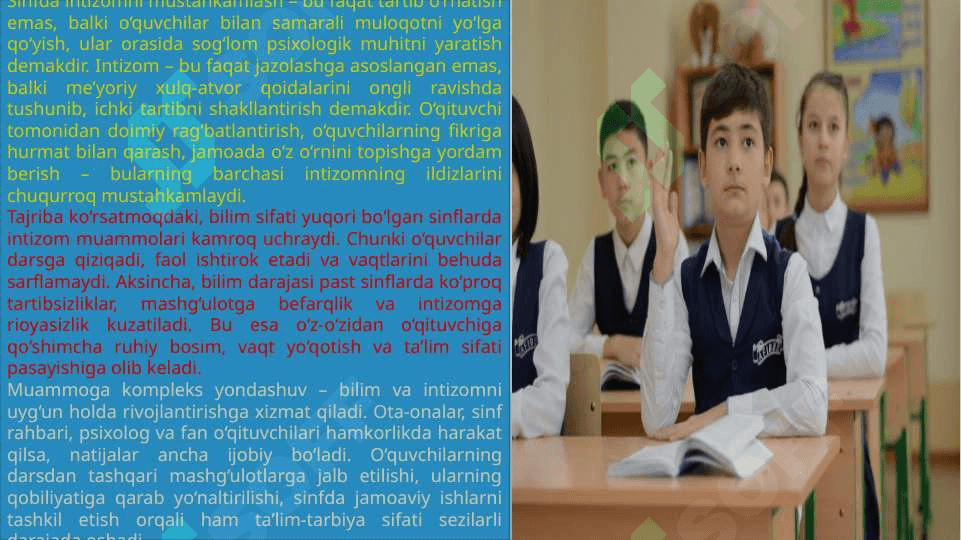 Oʻquvchilar bilim sifatini oshirish va sinfda intizomni mustahkamlash  t.pptx 3