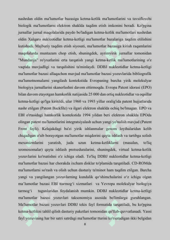 INSDC – nukleotidlarning ketma-ketligi bo’yicha xalqaro ma’lumotlar bazasi..docx 8