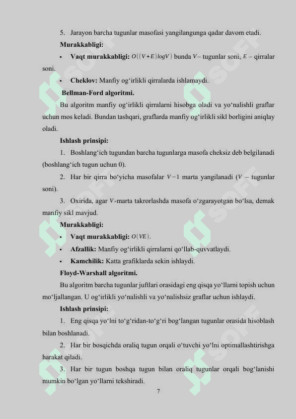 graflarda eng qisqa yoʻlni aniqlash algoritmlari floyd – uorshell algoritmi. 7