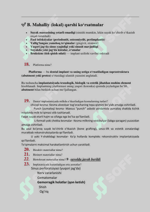 dental implantologiya mutaxxasisligi bo'yicha 2 va 3 daraja olish uchun og'zaki savollarga javoblar 6