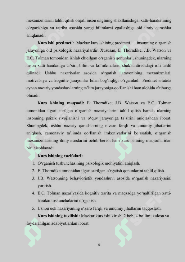 O'RGATISH QONUNI. E.TORNDAYK DJ.B.UOTSON VA EK TOLMENING INSONGA NAZARIY QARASHLAR NAZARIYASI 5