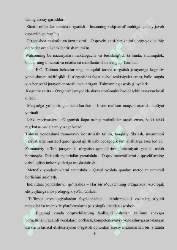 O'RGATISH QONUNI. E.TORNDAYK DJ.B.UOTSON VA EK TOLMENING INSONGA NAZARIY QARASHLAR NAZARIYASI 8