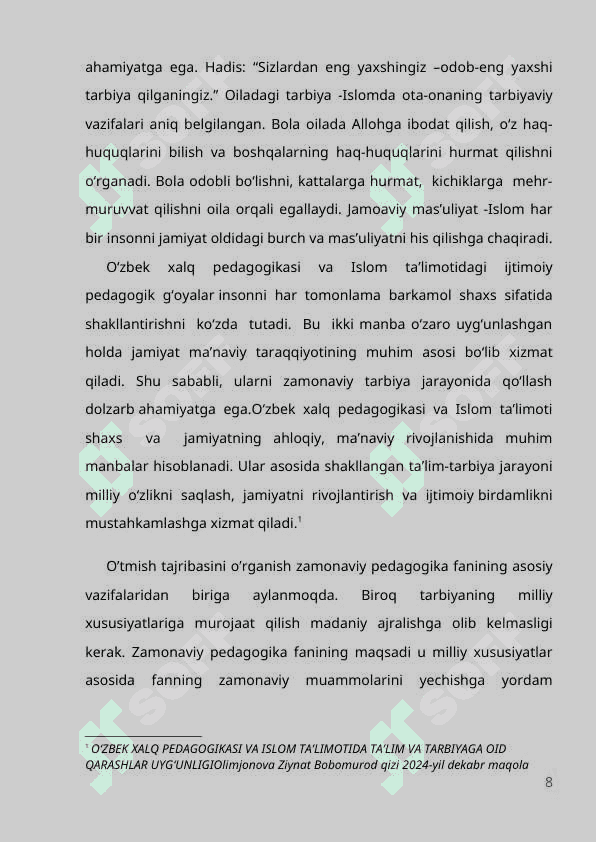 O'zbek xalq pedagogikasi va islom ta'limotida ijtimoiy pedagogik g'oyalar. 8