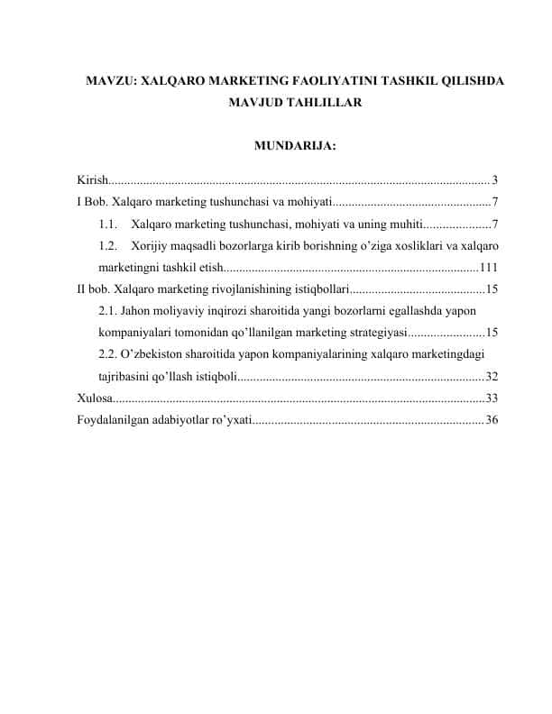 XALQARO MARKETING FAOLIYATINI TASHKIL QILISHDA MAVJUD TAHLILLAR.docx