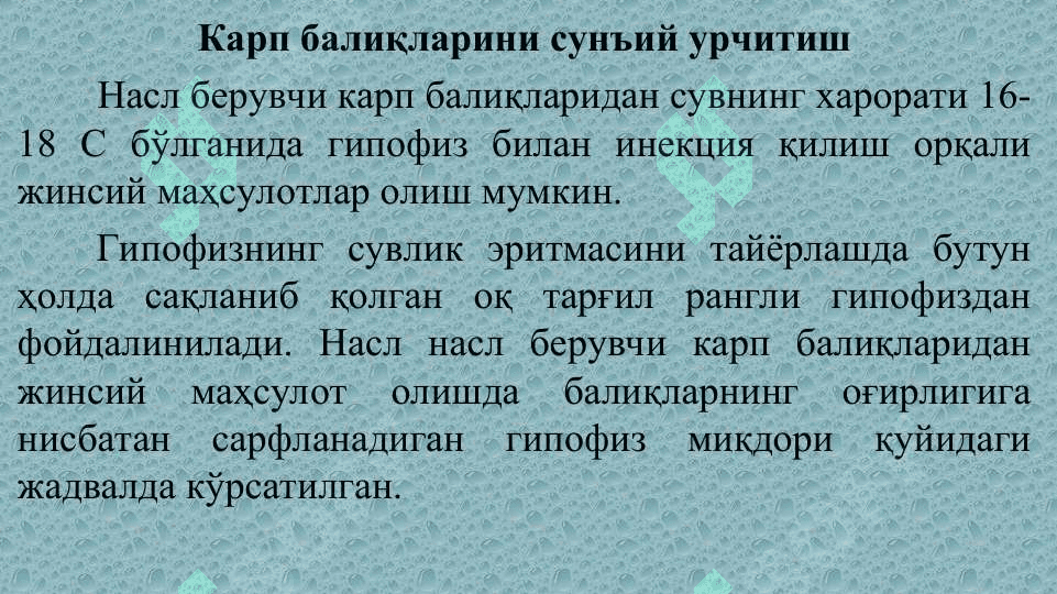 БАЛИҚЛАРНИ СУНЪИЙ УРЧИТИШ УСУЛЛАРИ 4