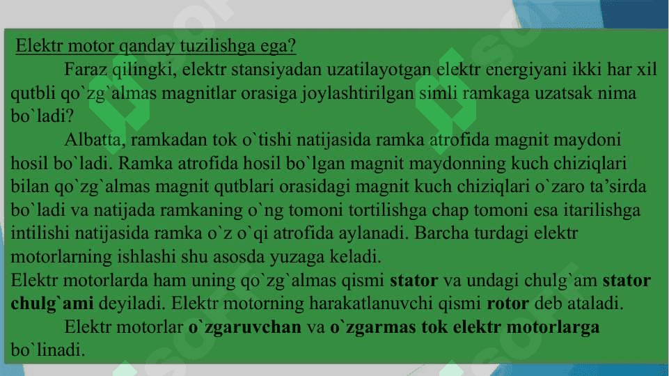 ELEKTR ENERGIYA HOSIL QILUVCHI ENERGETIK QURILMALAR. AN’ANAVIY ELEKTR ENERGIYA HOSIL QILUVCHI ENERGETIK QURILMALARI. NOAN’ANAVIY ELEKTR ENERGIYA ISHLAB CHIQARUVCHI ENERGETIK QURILMALAR. ELEKTR ENERGIYANI MASOFAGA UZATISH USULLARI. GIDROELEKTR STANSIYALAR. SUV ENERGIYASIDAN FOYDALANISH. GIDROELEKTR STANSIYALAR HAQIDA TUSHUNCHA. O’ZBEKISTON GIDROELEKTR STANSIYALARI. 5
