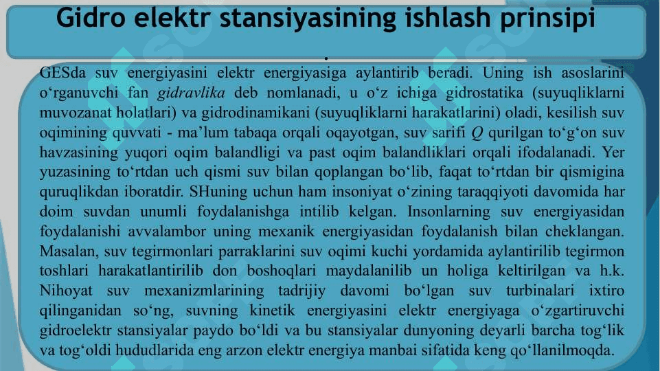 ELEKTR ENERGIYA HOSIL QILUVCHI ENERGETIK QURILMALAR. AN’ANAVIY ELEKTR ENERGIYA HOSIL QILUVCHI ENERGETIK QURILMALARI. NOAN’ANAVIY ELEKTR ENERGIYA ISHLAB CHIQARUVCHI ENERGETIK QURILMALAR. ELEKTR ENERGIYANI MASOFAGA UZATISH USULLARI. GIDROELEKTR STANSIYALAR. SUV ENERGIYASIDAN FOYDALANISH. GIDROELEKTR STANSIYALAR HAQIDA TUSHUNCHA. O’ZBEKISTON GIDROELEKTR STANSIYALARI. 8