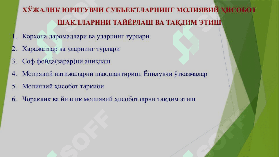 ХЎЖАЛИК ЮРИТУВЧИ СУБЪЕКТЛАРНИНГ МОЛИЯВИЙ ҲИСОБОТ ШАКЛЛАРИНИ ТАЙЁРЛАШ ВА ТАҚДИМ ЭТИШ 2