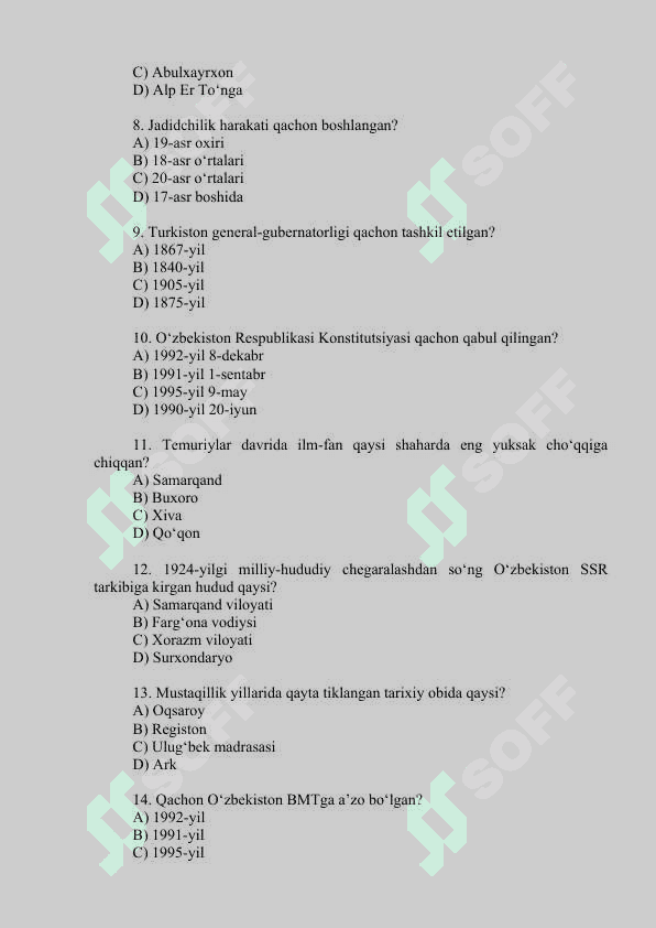 Tarix fanidan majburiy fan blok testi 2