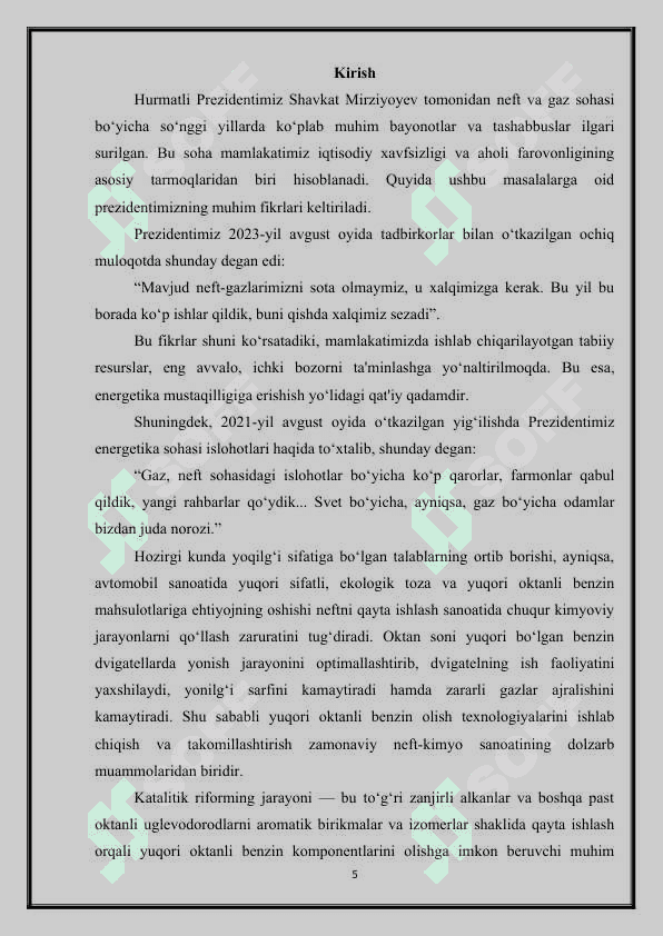 Katalitik reforming reaktorda yuqori oktanli benzin olish texnologiyasida o’rganish. 5