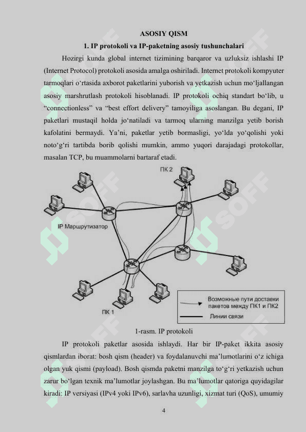 IP tarmoqlararo o‘zaro harakat protokoli. IP-paket tushunchasi. IP-marshrutizatsiya sxemasi. Marshrutlash jadvali. Marshrutlashda maskadan foydalanish. IP-paket bo‘linishi (fragmentation). ICMP-protokoli. 4