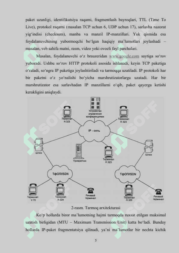 IP tarmoqlararo o‘zaro harakat protokoli. IP-paket tushunchasi. IP-marshrutizatsiya sxemasi. Marshrutlash jadvali. Marshrutlashda maskadan foydalanish. IP-paket bo‘linishi (fragmentation). ICMP-protokoli. 5