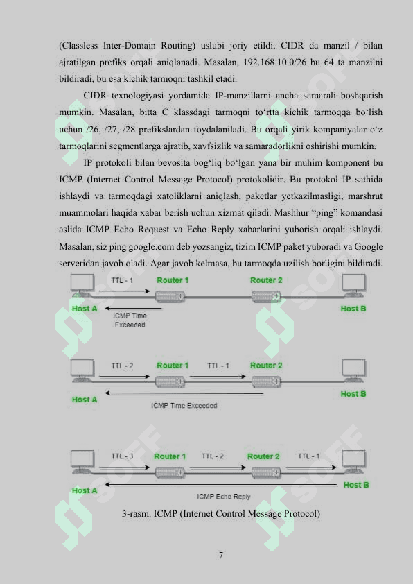IP tarmoqlararo o‘zaro harakat protokoli. IP-paket tushunchasi. IP-marshrutizatsiya sxemasi. Marshrutlash jadvali. Marshrutlashda maskadan foydalanish. IP-paket bo‘linishi (fragmentation). ICMP-protokoli. 7