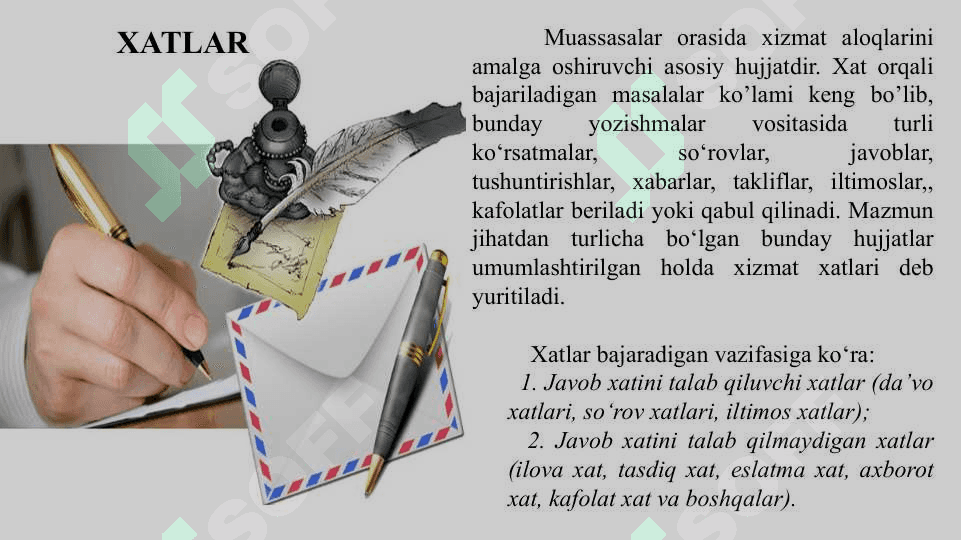 Xizmat yozishmalari xat va uning turlari(axborot, da'vo, ilova, iltimos xatlari) 2
