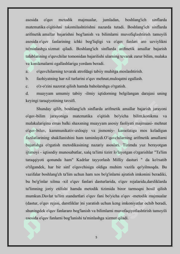 Boshlang’ich sinf o’quvchilariga arifmetik amallarni o’rgatishda pedagogik texnologiyalardan foydalanishning nazariy va metodik asoslari kurs ishi 5