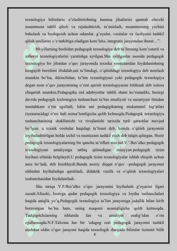 Boshlang’ich sinf o’quvchilariga arifmetik amallarni o’rgatishda pedagogik texnologiyalardan foydalanishning nazariy va metodik asoslari kurs ishi 8
