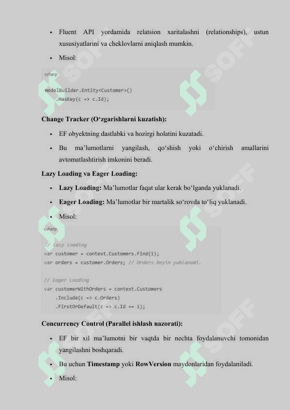Entity Framework da SQL, SQL bilan ishlash. Kirish Asosiy qism: 1.	Entity Framework: Asosiy tushunchalar va arxitektura. 2.	SQL va Entity Framework: Ma'lumotlar bazasi bilan integratsiya. 3.	LINQ so'rovlarini SQLga o'zgartirish mexanizmi. Xulosa Foydalanilgan adabiyotlar 8