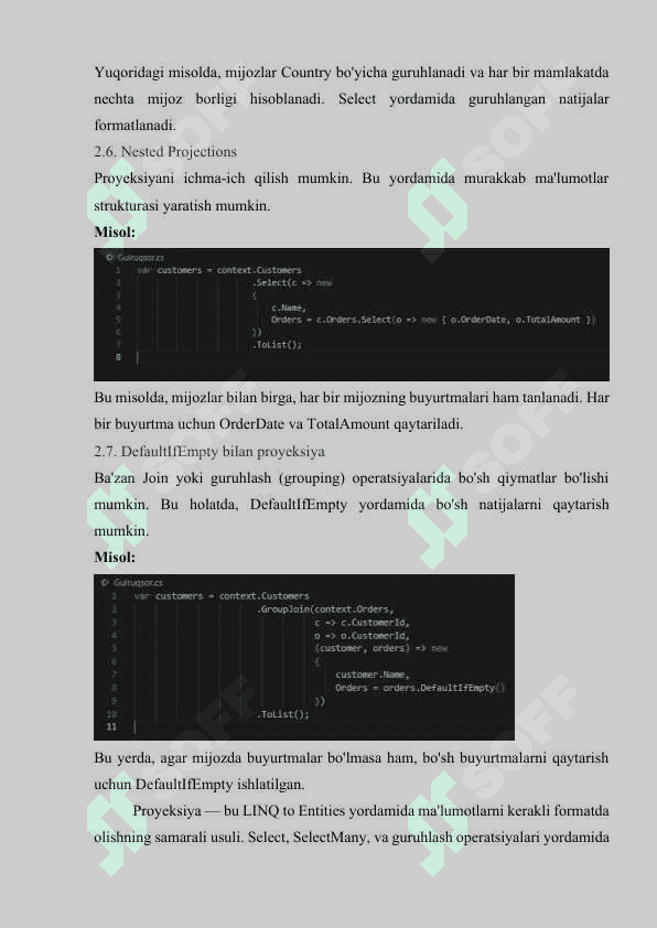 Entity Frameworkda LINQ. LINQ to Entitiesga kirish, ma'lumotlar bazasidan shart asosida tanlash va proyeksiya, tartiblash 8