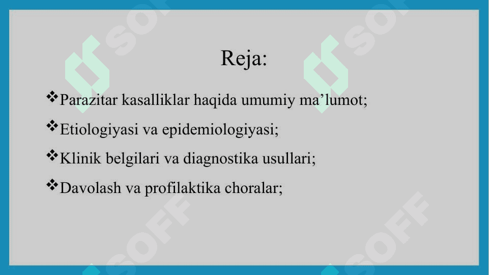 Parazitar kasalliklar.lyamblioz, toksoplazmoz.Gelmintozlarning etiologiyasi, epidemiologiyasi. kasalliklarining klinik belgilari, laborator tekshirish usullari, davosi va profilaktikasi - Паразитар касалликлар.лямблиоз, токсоплазмоз.Гельминтозларнинг этиологияси, эпидемиологияси. касалликларининг клиник белгилари, лаборатор текшириш усуллари, давоси ва профилактикаси 2
