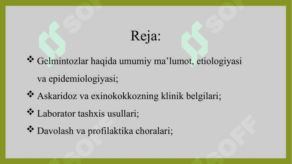 Gelmintozlar askaridoz, exinokokkoz. Gelmintozlarning etiologiyasi, epidemiologiyasi, kasalliklarining klinik belgilari, laborator tekshirish usullari, davosi va profilaktikasi. - Гельминтозлар аскаридоз, эхинококкоз. Гельминтозларнинг этиологияси, эпидемиологияси, касалликларининг клиник белгилари, лаборатор текшириш усуллари, давоси ва профилактикаси. 2