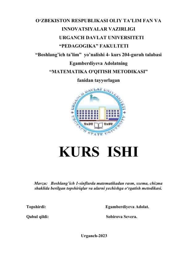 BOSHLANGICH 1 SINFLARDA MATEMATIKADAN RASM, SXEMA, CHIZMA SHAKLIDA BERILGAN TOPSHIRIQLAR VA ULARNI YECHISHGA O’RGATISH METODIKASI..docx
