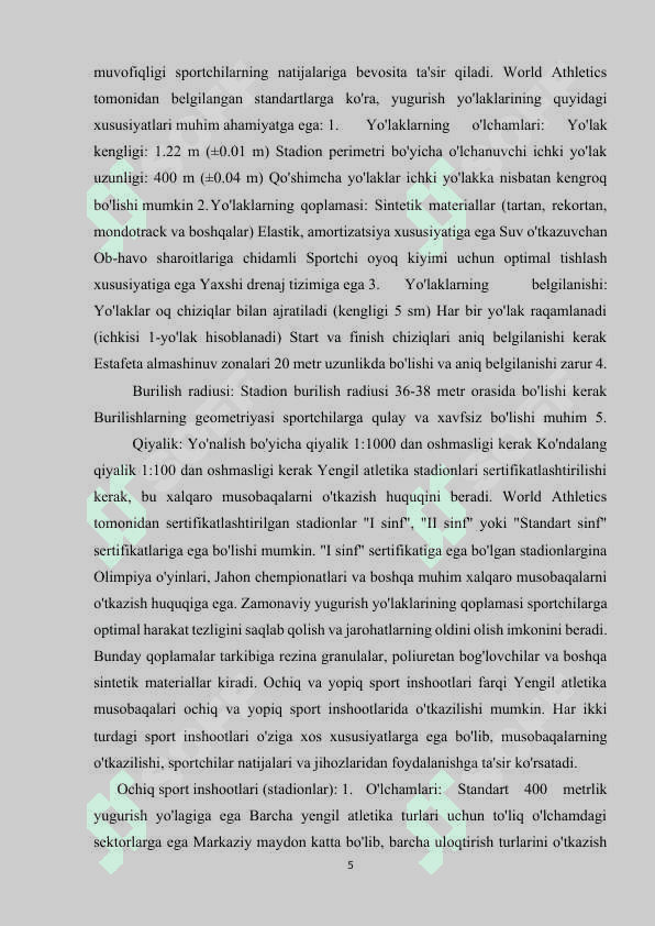 Yengil atletikada yugurish va sportcha yurish musobaqa o'tkazish joyi va jihozlari 5