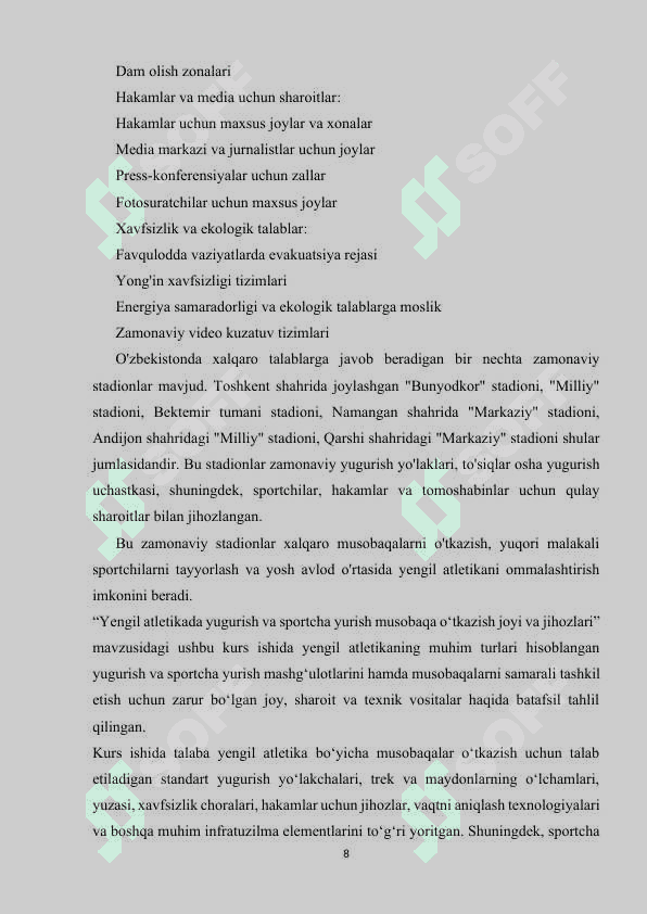 Yengil atletikada yugurish va sportcha yurish musobaqa o'tkazish joyi va jihozlari 8