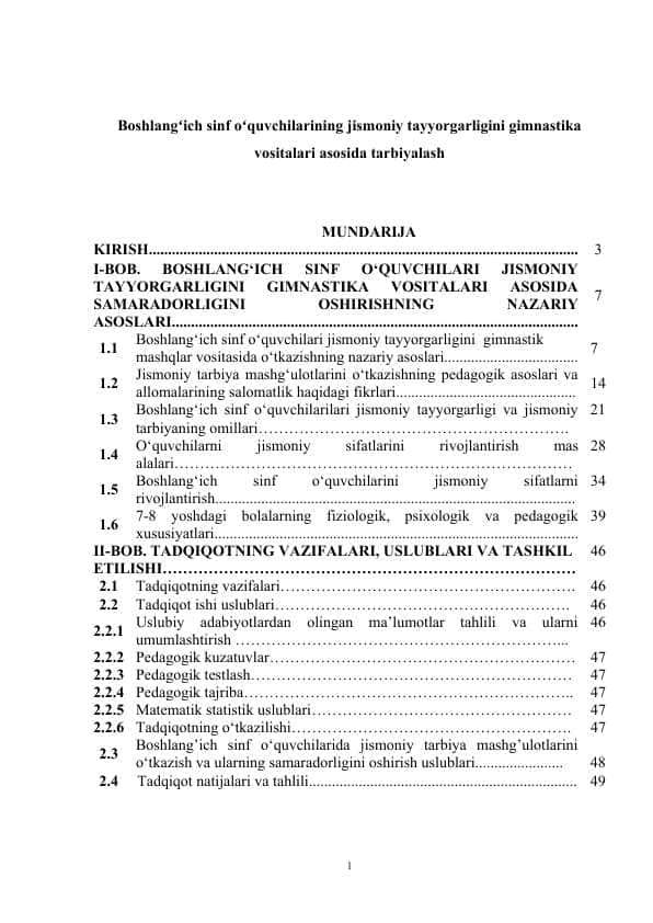 Boshlangʻich sinf oʻquvchilarining jismoniy tayyorgarligini gimnastika vositalari asosida tarbiyalash