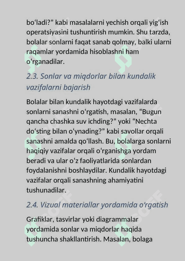 Turli yosh guruhlarda bolalarni miqdor va son sanoq haqidagi bilimlarni shakllantirish sanashga oʻrgatish vazifalari 7